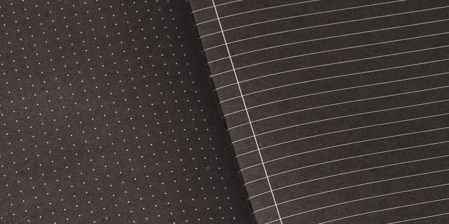 Black notebook open to two pages: the left page is dotted, and the right page is lined. The background is black.