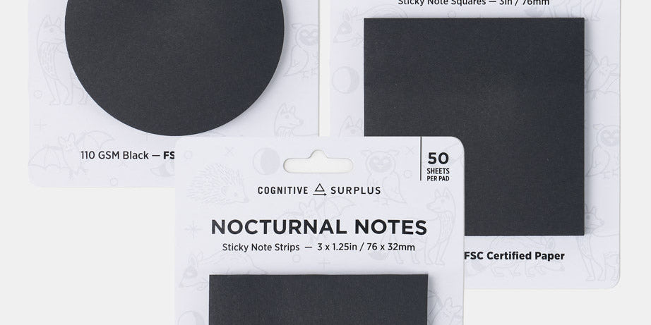 Three packs of black sticky notes in circular and rectangular shapes, each containing 50 sheets.