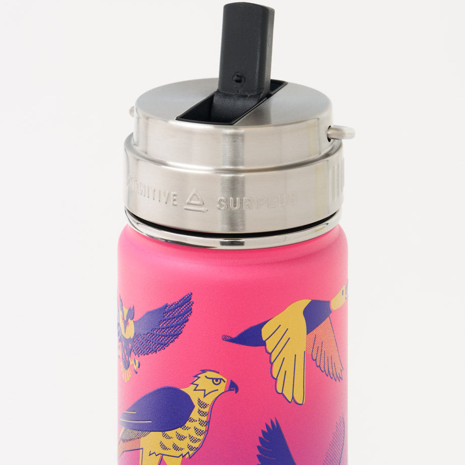 A pink water bottle with a silver lid and straw, decorated with a repeating pattern of flying hawks in blue and yellow.