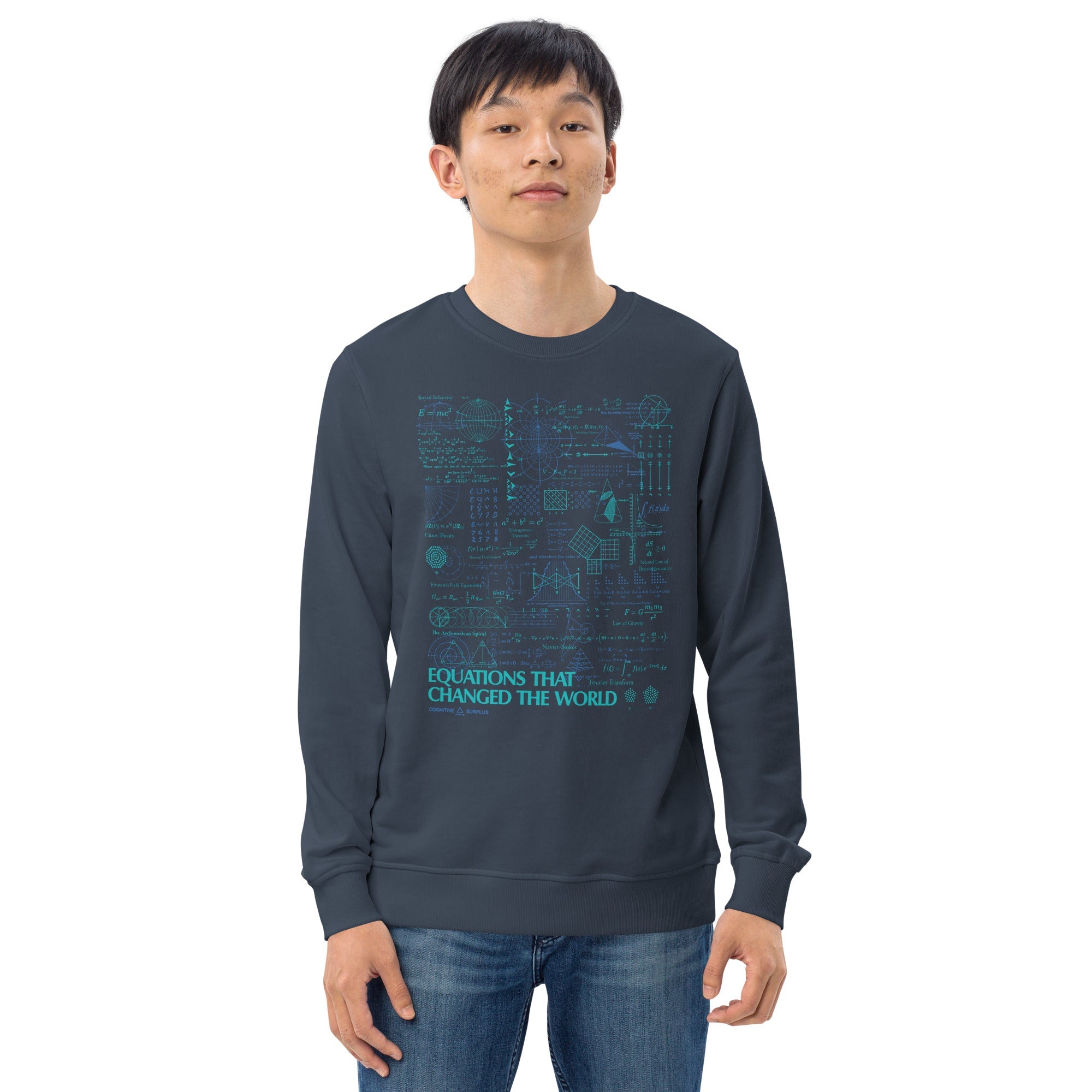 Person wearing a navy sweatshirt with the text "Equations That Changed The World" and mathematical diagrams printed in blue.