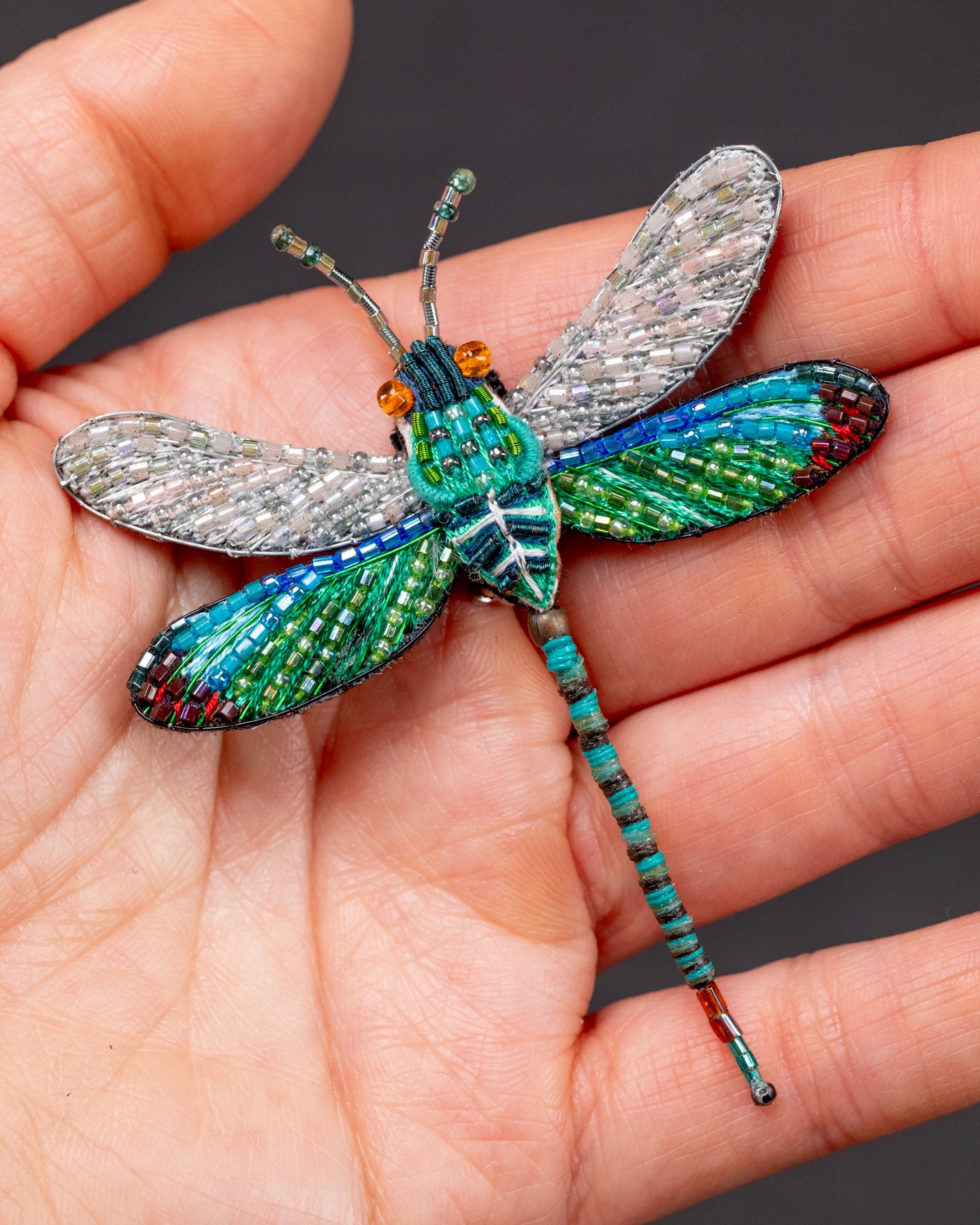 Oriental Greenwing Beaded Brooch Pin - Trovelore
