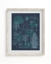 A framed art print of a Forest Scientific Illustration Museum Print from Cognitive Surplus with trees on it.