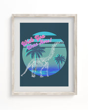 A Cognitive Surplus framed art print with Dino: Wish You Were Here! Museum Print, featuring a dinosaur and palm trees.