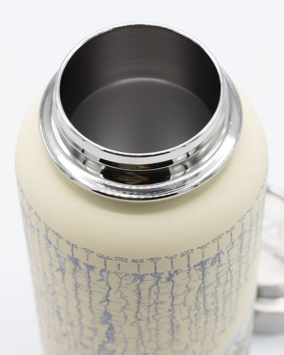 A Rivers & Mountains 32 oz Steel Bottle by Cognitive Surplus with a lid and a map on it.
