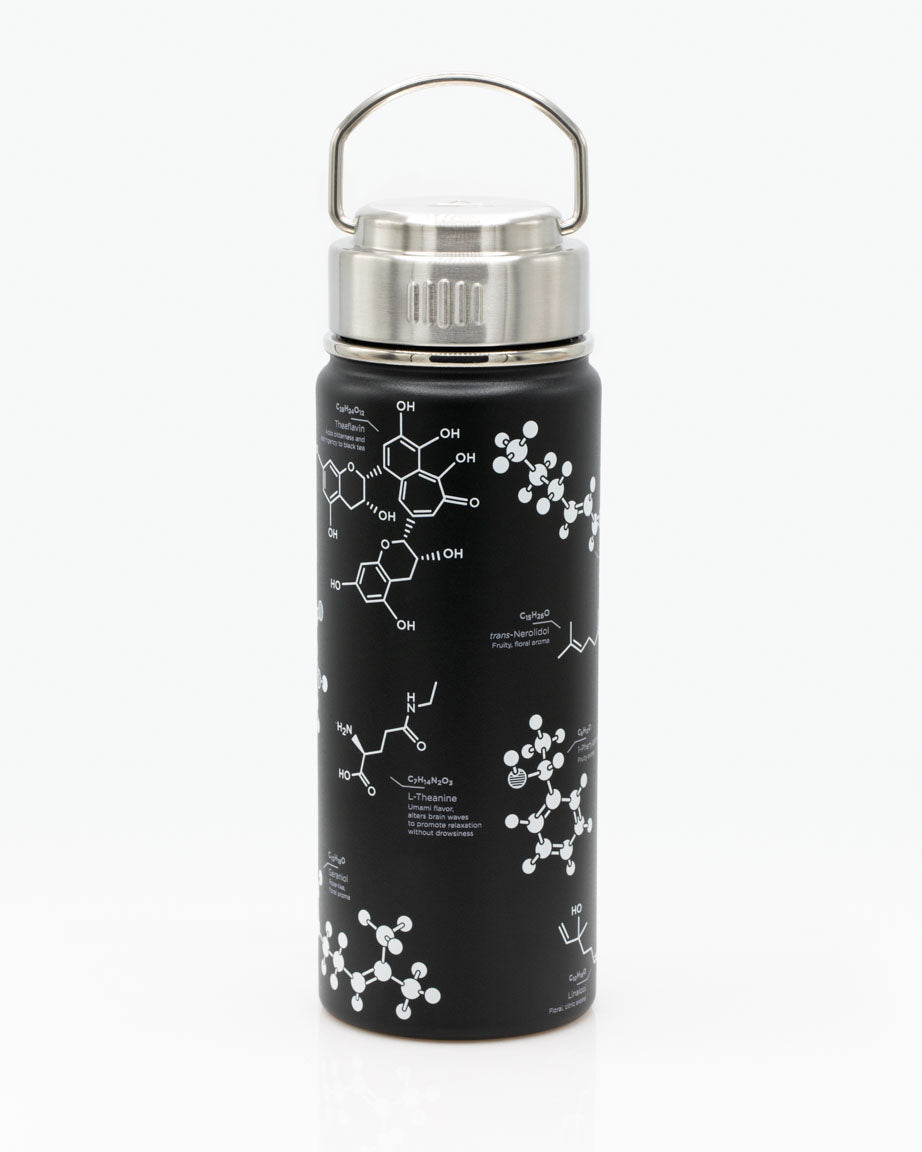 A Tea Chemistry 18 oz Steel Bottle with a white design on it, made by Cognitive Surplus.