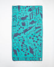 A blue and black Lab Science Turkish Towel with a lot of different things on it, Cognitive Surplus.