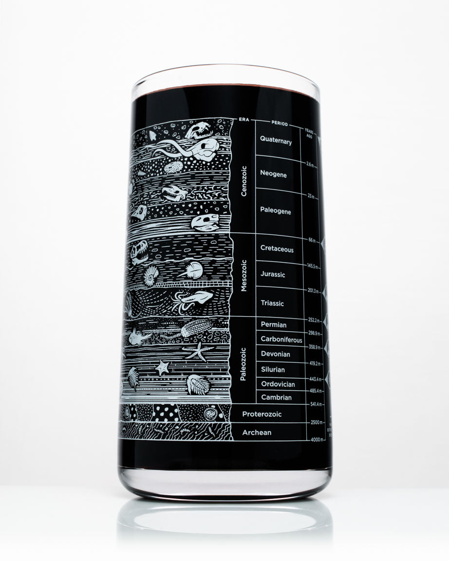 A Stratigraphy Core Sample Drinking Glass with a diagram on it made by Cognitive Surplus.