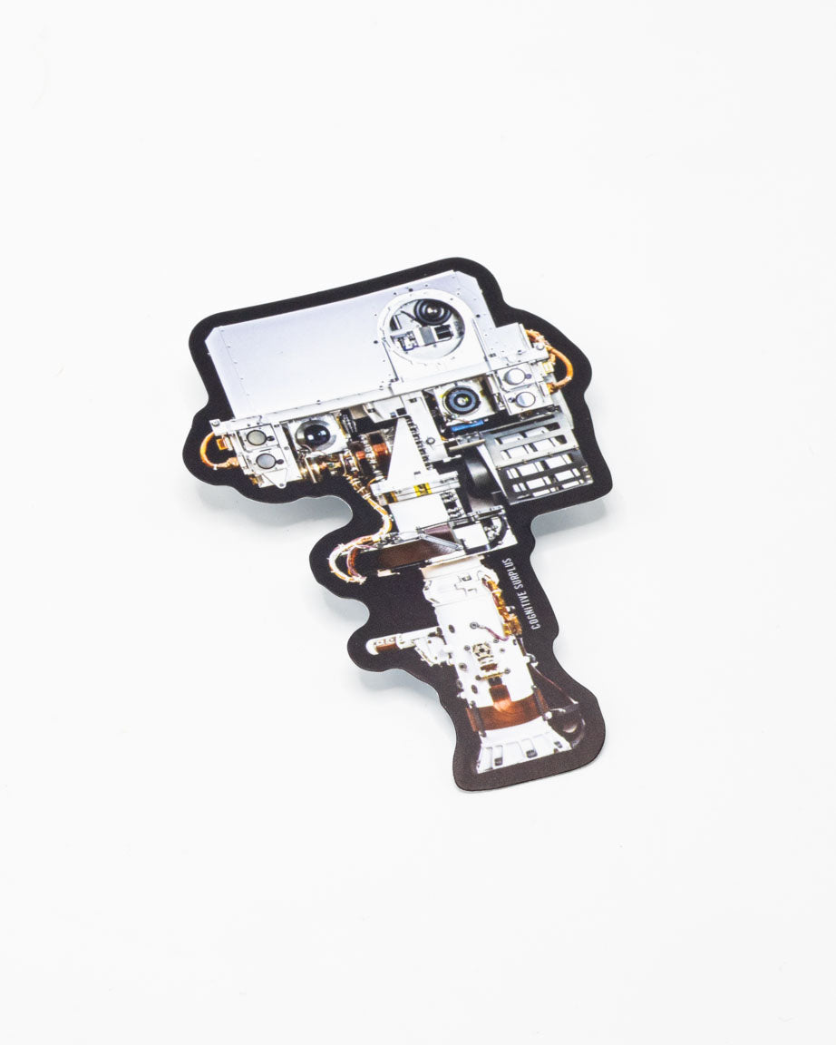 A black and white image of a Curiosity Rover Head Sticker by Cognitive Surplus on a white surface.