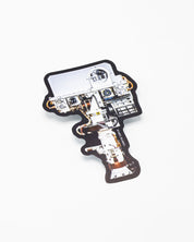 A black and white image of a Curiosity Rover Head Sticker by Cognitive Surplus on a white surface.