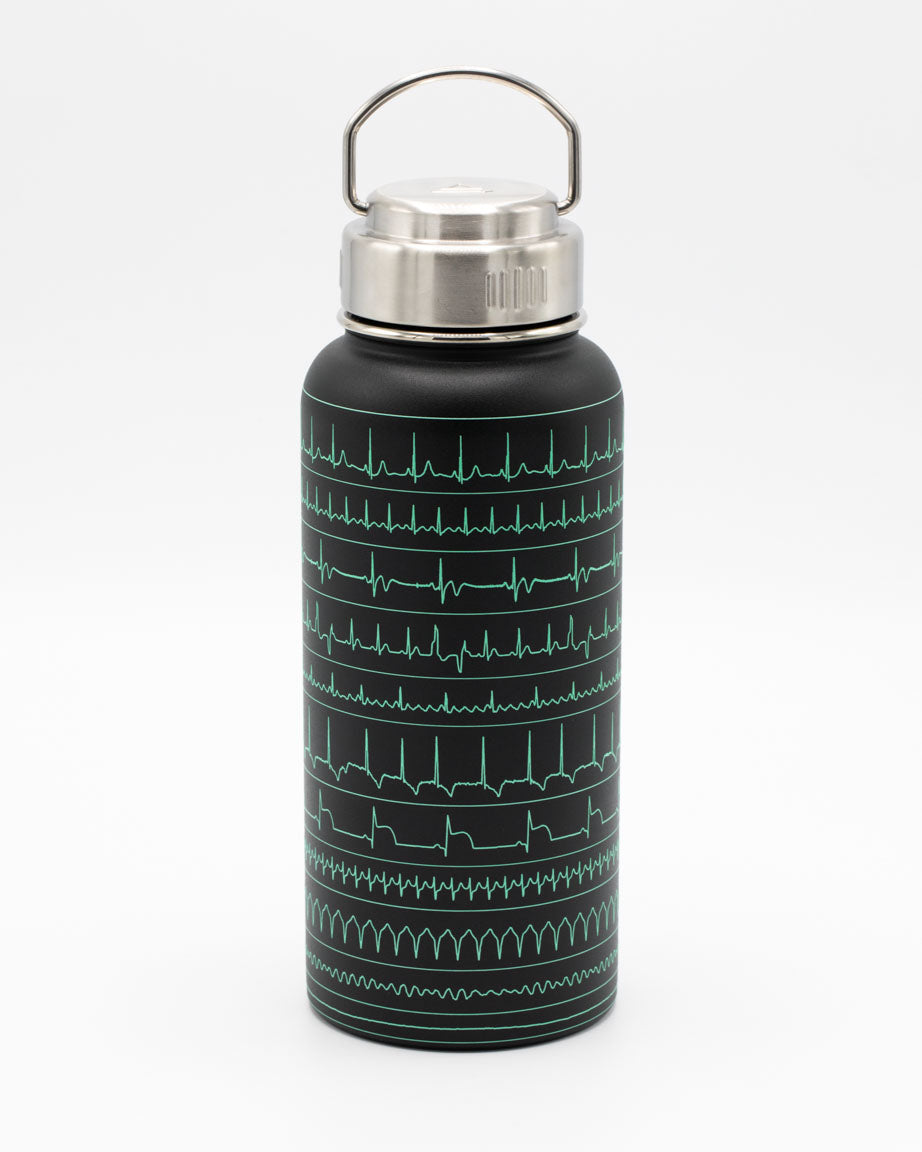 A Cognitive Surplus Heartbeat 32 oz Steel Bottle with an ecg pattern on it.