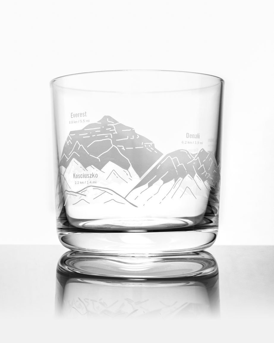 A SECONDS: Mountain Peaks of the World Whiskey Glass by Cognitive Surplus with mountains engraved on it.