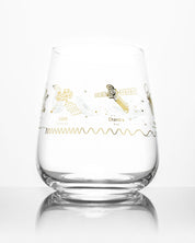 A SECONDS: Space Telescopes Wine Glass with a gold and silver design on it from Cognitive Surplus.